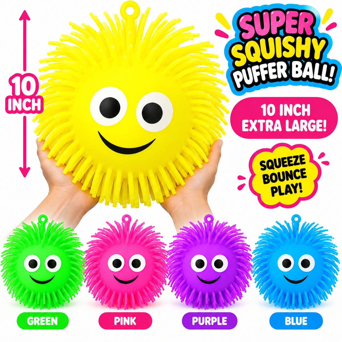 10 inch super squishy puffer balls in yellow, green, pink, purple and blue