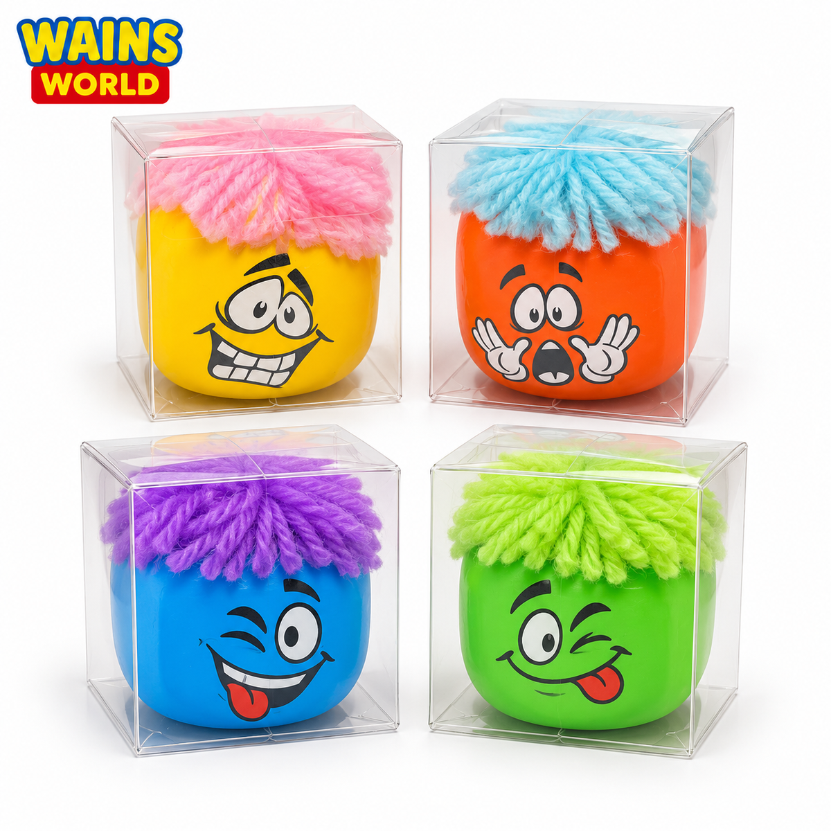 Fuzzy hair face squishy toys in yellow, orange, blue and green