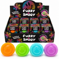 Fuzzy Smiley sensory squeeze balls in orange, green, blue and purple with retail display