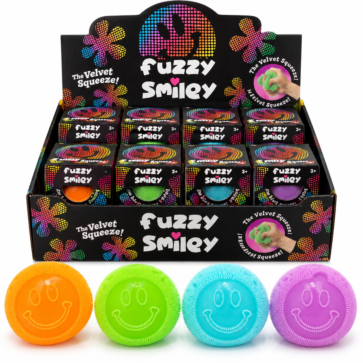 Fuzzy Smiley sensory squeeze balls in orange, green, blue and purple with retail display