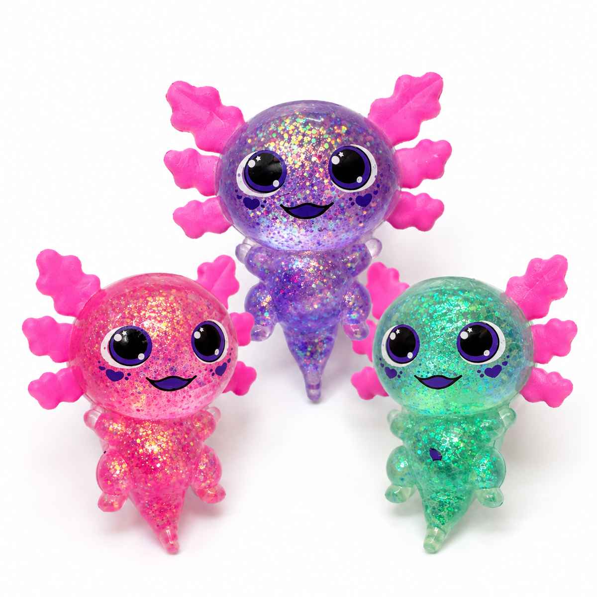 Glitter axolotl squishy sensory toys in pink, purple and green