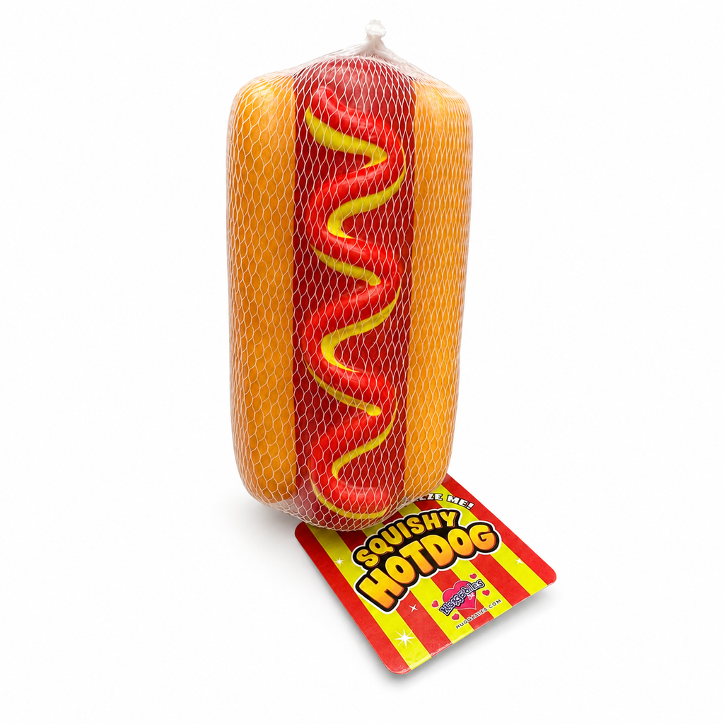Huggables Xtra Large Squishy Hotdog Sensory Toy standing upright
