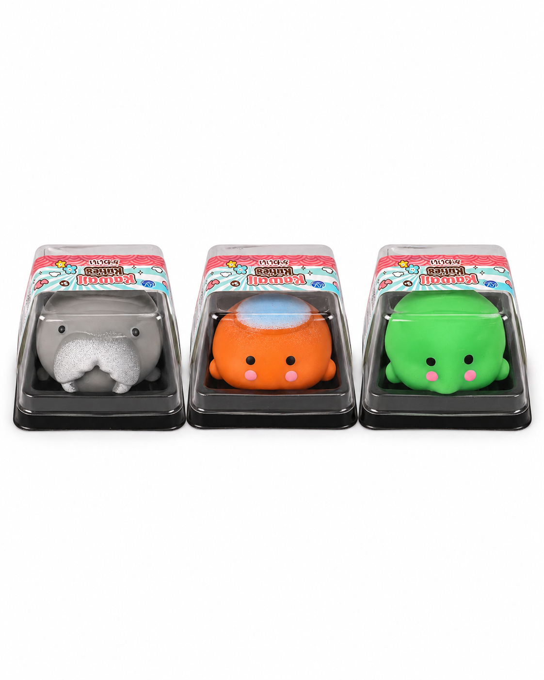 Kawaii Tummies grey walrus, peach character and green octopus