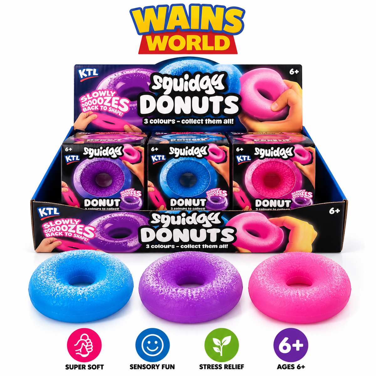 KTL Squidgy Donuts sensory squishy toy - blue, purple and pink
