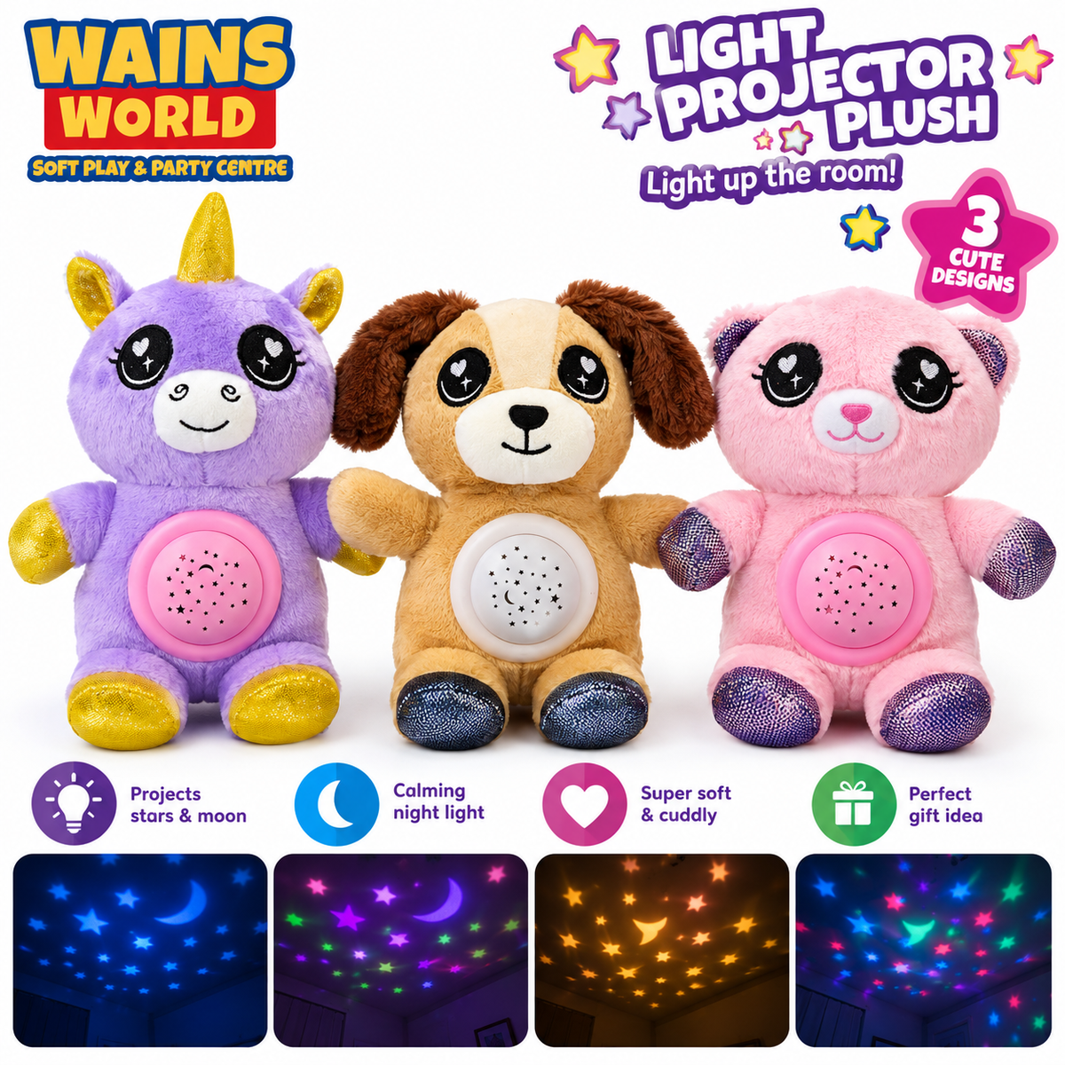 Light Projector Plush - unicorn, puppy and pink bear designs