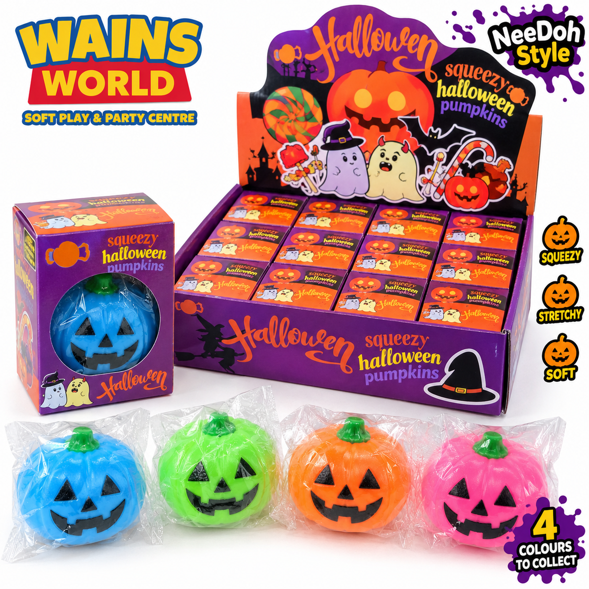 NeeDoh Style Halloween Pumpkin Squishy Sensory Toy - four colours with display box