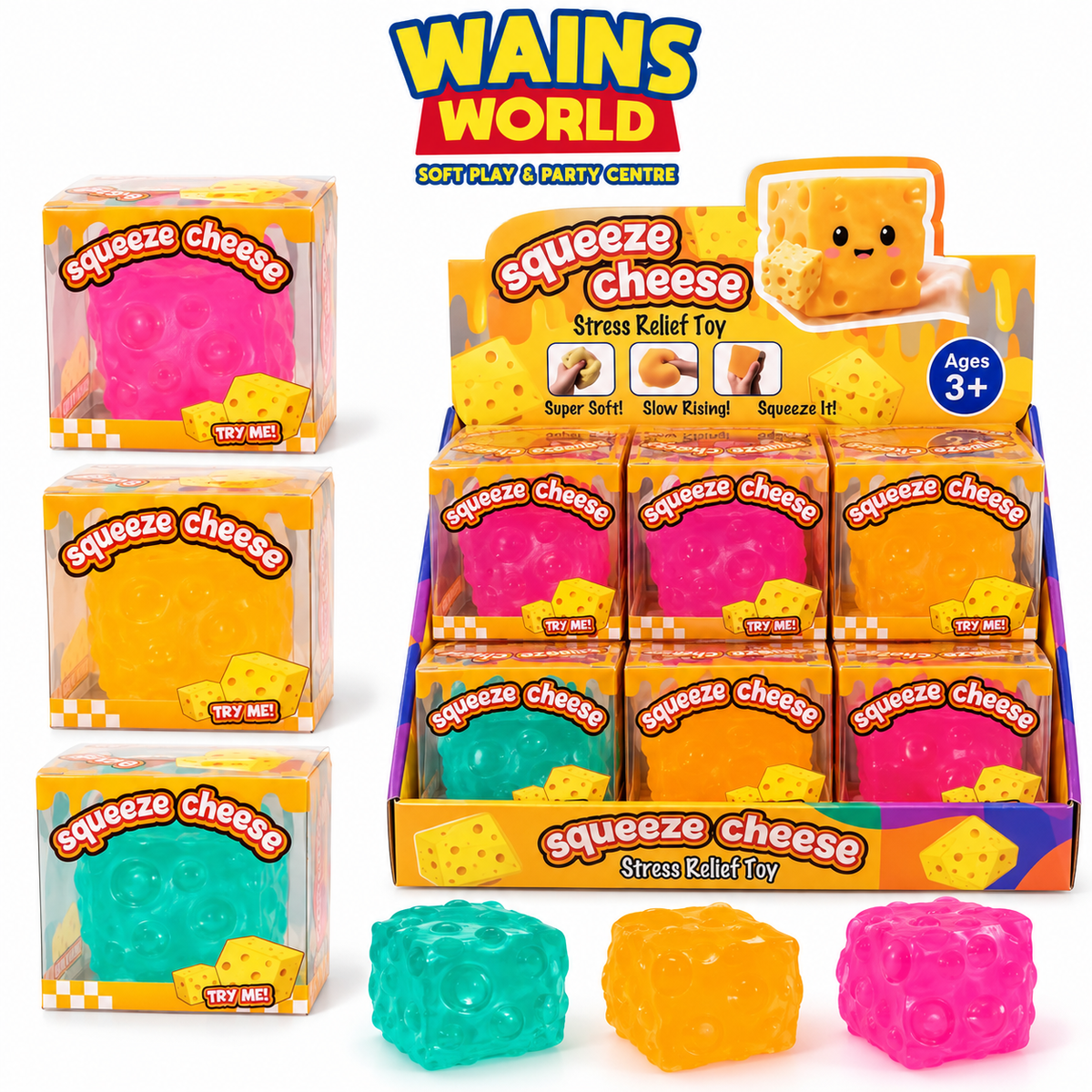 Squeeze Cheese sensory toy in pink, orange and teal colours - Wains World