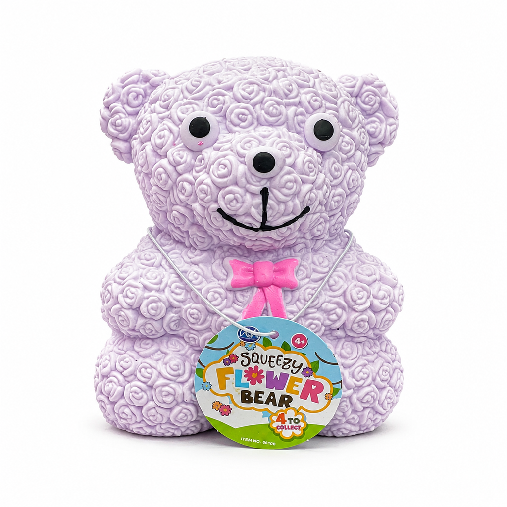 Lilac Squeezy Flower Bear Squishy Sensory Toy on white background