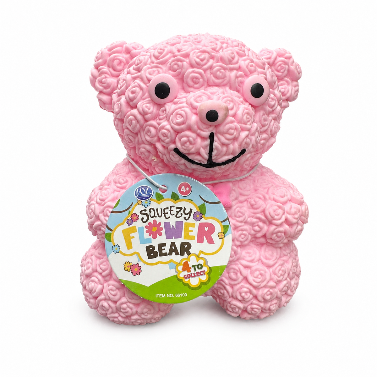 Pink Squeezy Flower Bear Squishy Sensory Toy on white background