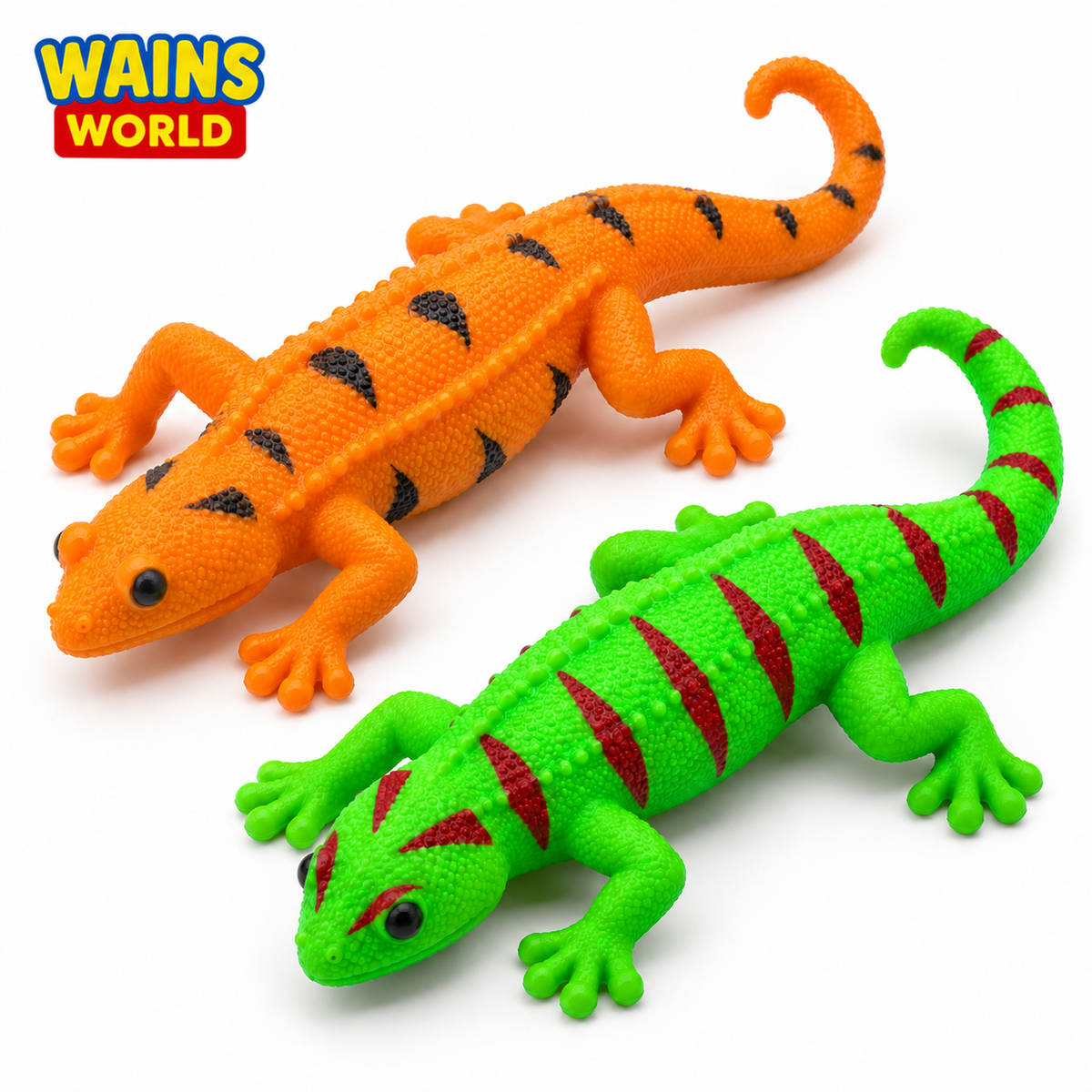 Orange and green colour-changing stretchy toy lizards